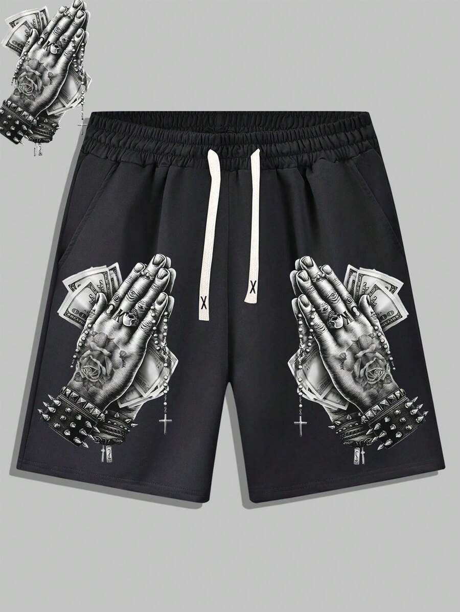 M29 Punk Retro And Trendy Money Print Men Drawstring Waist Casual Shorts With Slogan And Cartoon Print