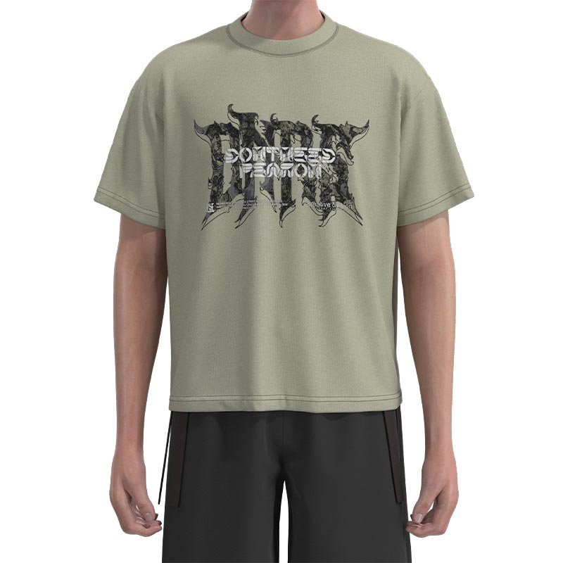 MBT002 Men’S Grey Green Retro Cross Print City Street T-Shirt Boxy T-Shirts