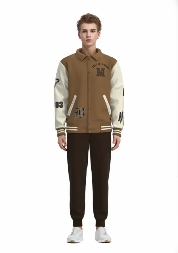 MJK002 Men’s Brown White Leather Patchwork Custom Embroidered Men’s Jacket - Image 3