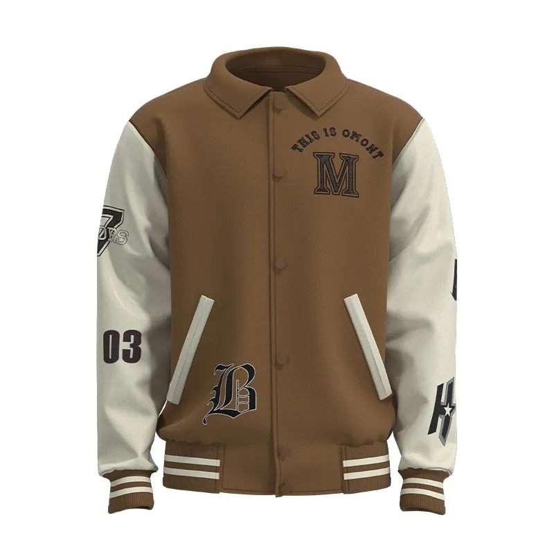 MJK002 Men’s Brown White Leather Patchwork Custom Embroidered Men’s Jacket