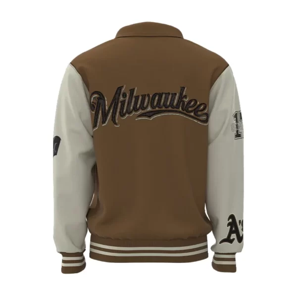 MJK002 Men’s Brown White Leather Patchwork Custom Embroidered Men’s Jacket - Image 2