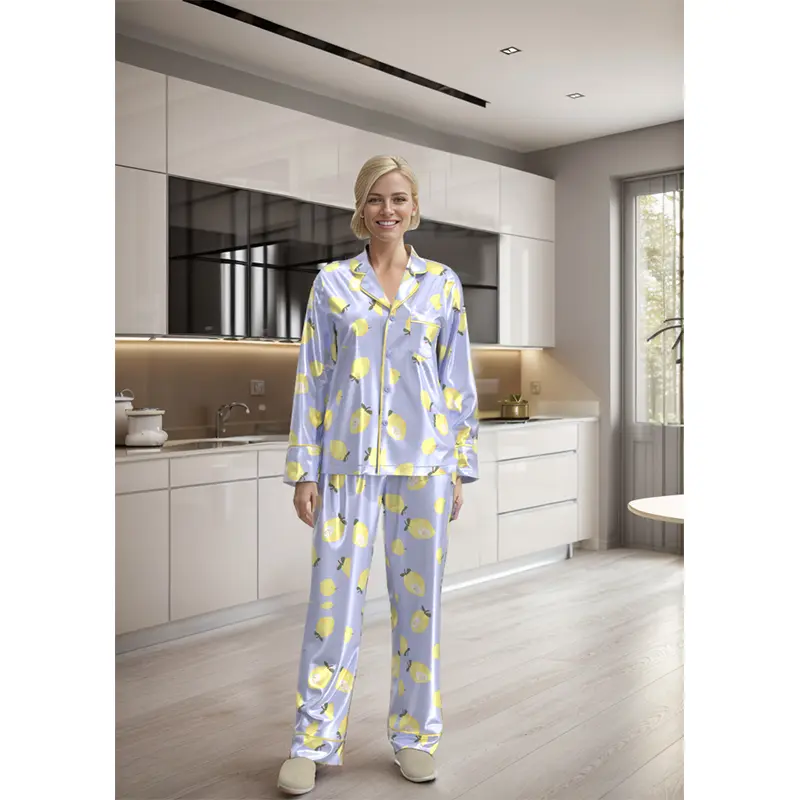 WPS004 Women’s Blue Lemon Print Silk Long Sleeve Loungewear Women’s Pajamas Set