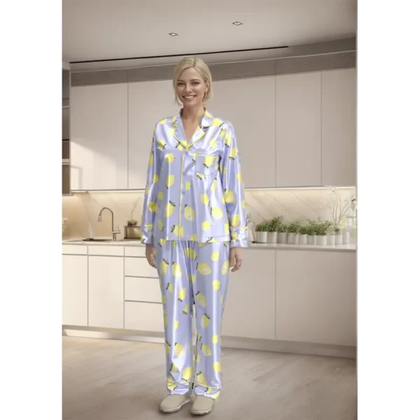 WPS004 Women’s Blue Lemon Print Silk Long Sleeve Loungewear Women’s Pajamas Set - Image 2