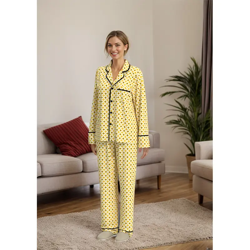 WPS005 Women’s Yellow Printed Long Sleeve Loungewear Women’s Pajamas Set - Image 2